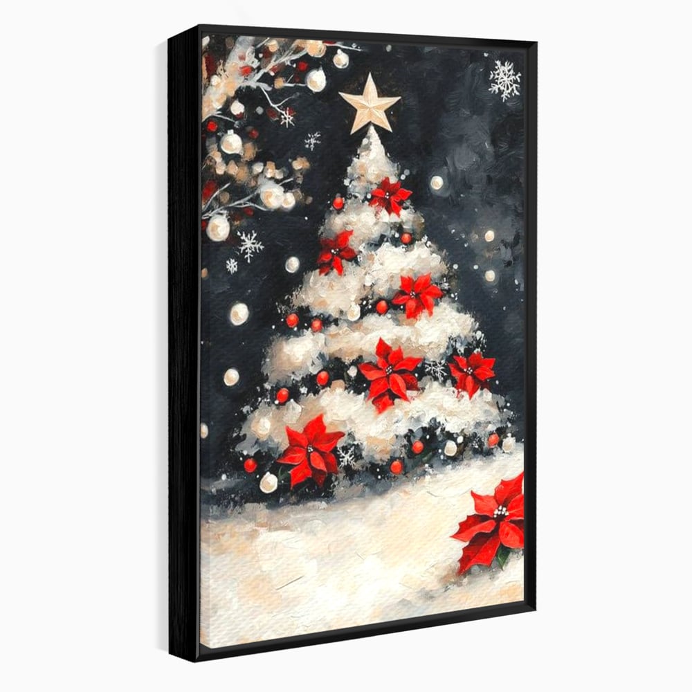 Tablou canvas cu tablou canvas cu brad de craciun pictat, in rama de aluminiu negru